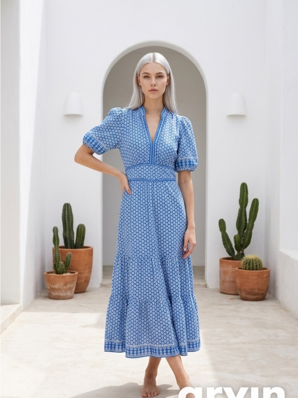 Max Studio Blue Printed Puff-Sleeve Maxi Dress